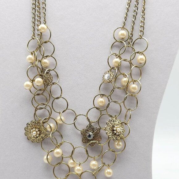 Vintage Multi Strand Gold Tone Necklace With Faux Pearls & Floral Accents - Picture 3 of 5